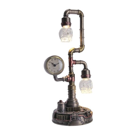 Steampunk Pipework Clock Stand Cordless LED Skull Bulb Copper Accent Desk Light - Picture 1 of 4